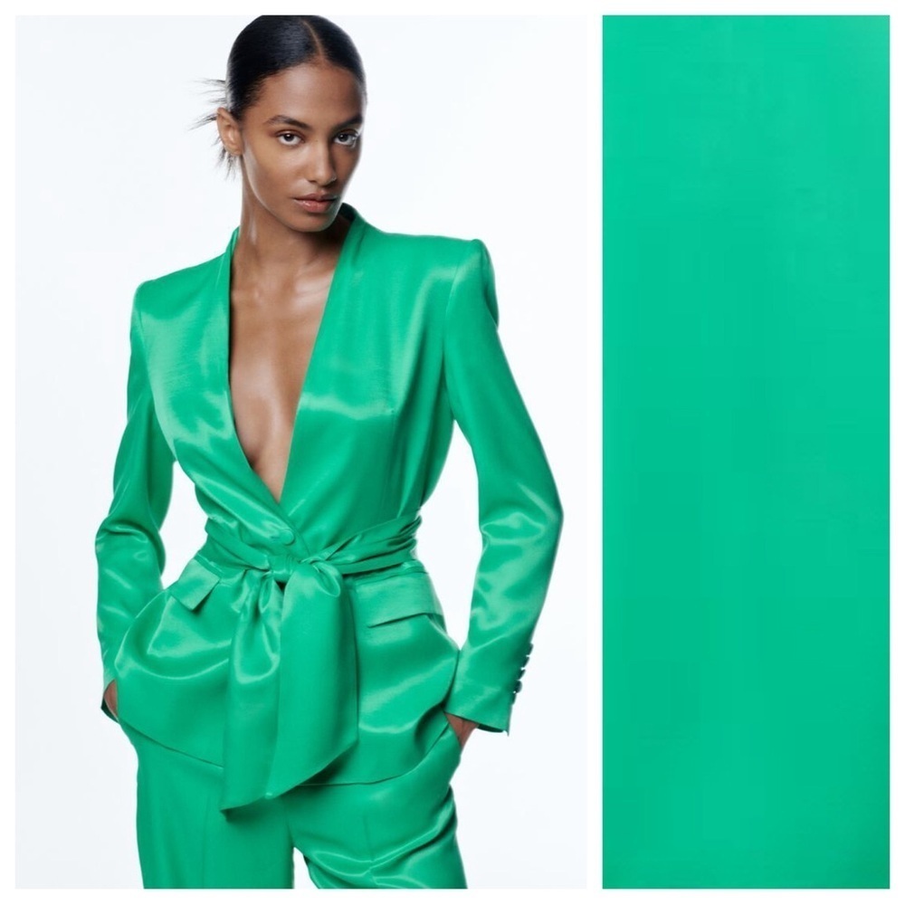 NWT. Zara Green Satin Effect Lapelless Blazer with Tied Detail. Size S.